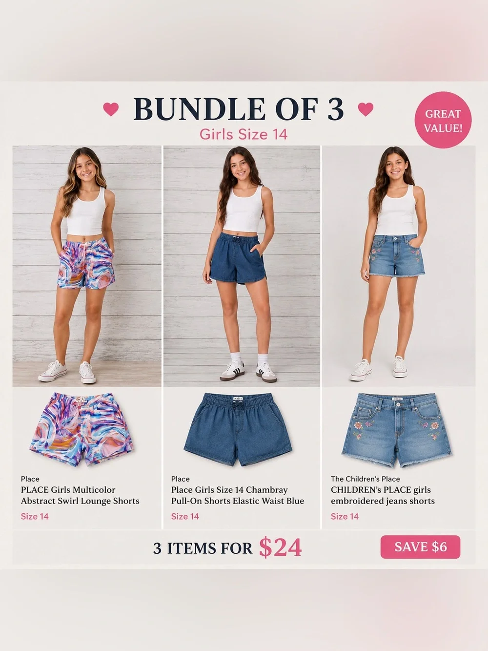 Bundle of 3 Girls Size 14 Shorts The Children’s Place Summer Lot casual coastal